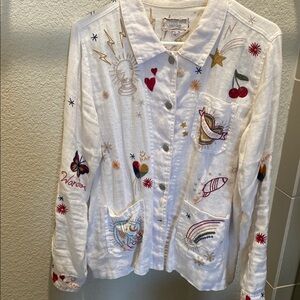 Johnny Was Workshop White Embroidered Button-Up Jacket